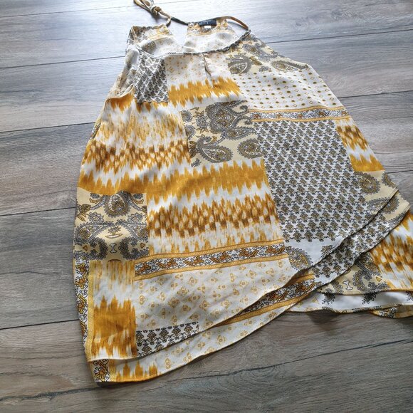 Tahari Women Sleeveless Strap Patchwork Printed Blouse Size L Asymmetrical Gold - Picture 2 of 5